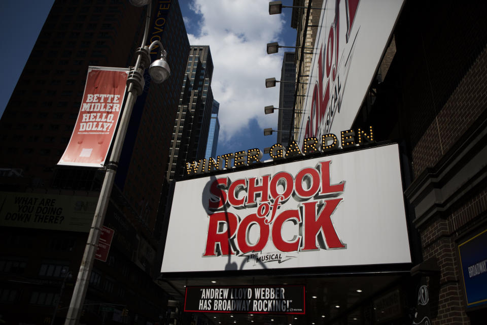 On Tuesday, July 18, 2017, the Winter Garden theatre displays an ad for School of Rock the musical on Broadway in New York. (AP Photo/Michael Noble Jr.)