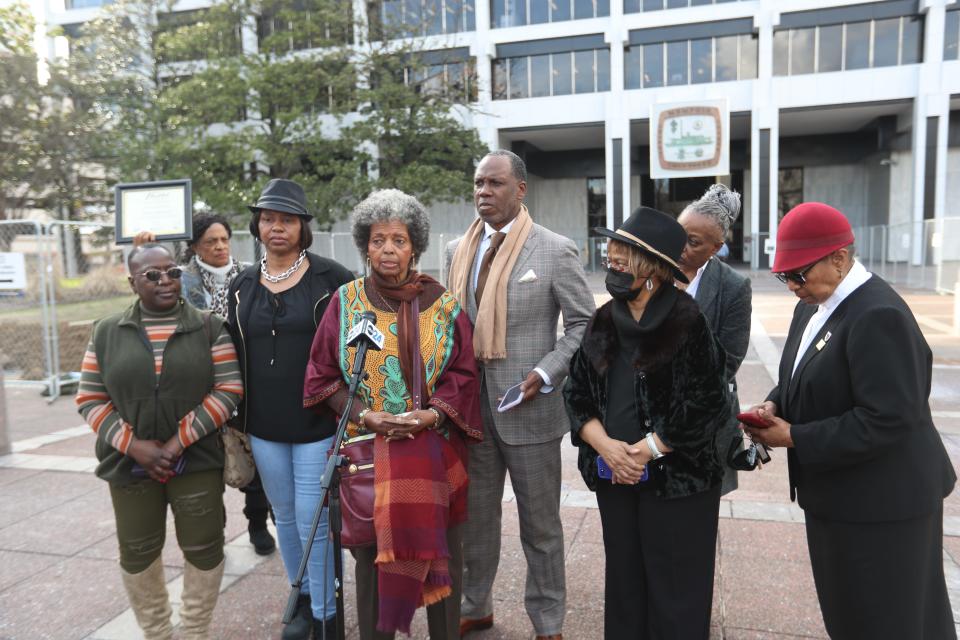 The Lee Sisters and Providence AME Lay & Women’s Missionary Society Dr. Kevin A. Brooks hosts a rally in front of City Hall to voice their concerns and frustrations with crime and police reform on Feb. 7, 2023 in Memphis, TN.