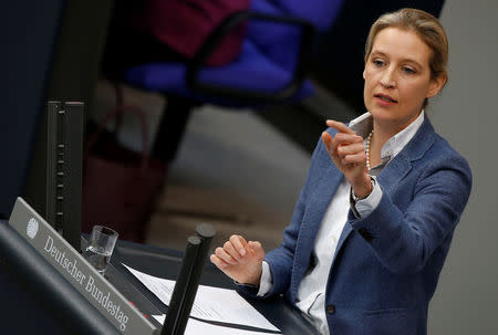Alice Weidel of the Anti-immigration party Alternative for Germany (AfD) addresses at the German lower house of parliament Bundestag in Berlin, Germany, February 22, 2018. REUTERS/Axel Schmidt