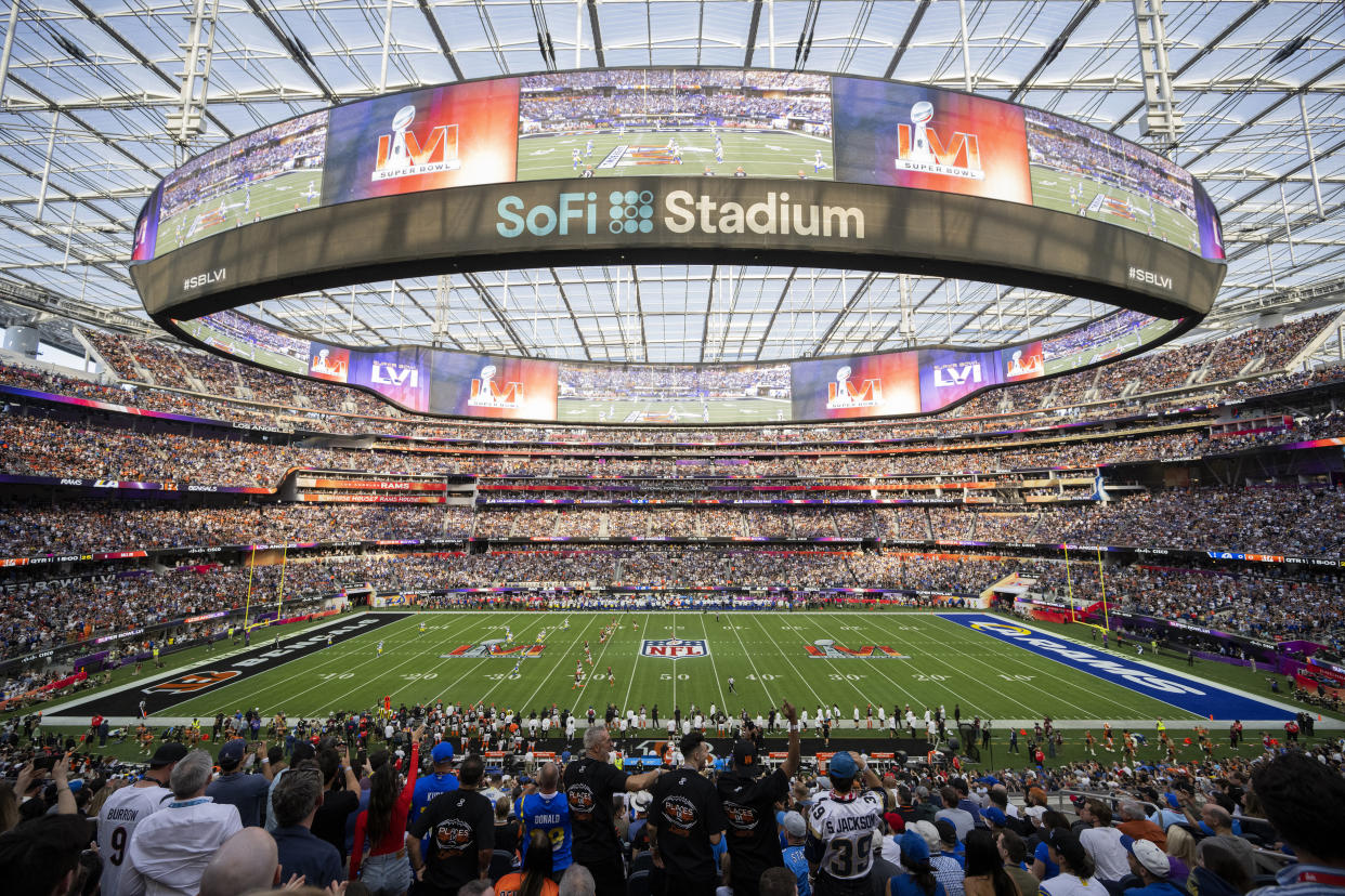 FILE - This is a general view of the interior of SoFi Stadium from an elevated position during Super Bowl 56 football game between the Los Angeles Rams and the Cincinnati Bengals on Sunday, Feb. 13, 2022, in Inglewood, Calif. There are 23 venues bidding to host soccer matches at the 2026 World Cup in the United States, Mexico and Canada. (AP Photo/Kyusung Gong, File)