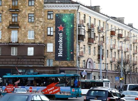 An advertising board with the logo of Heineken company is seen on a building in Minsk, Belarus, March 23, 2016. REUTERS/Vasily Fedosenko