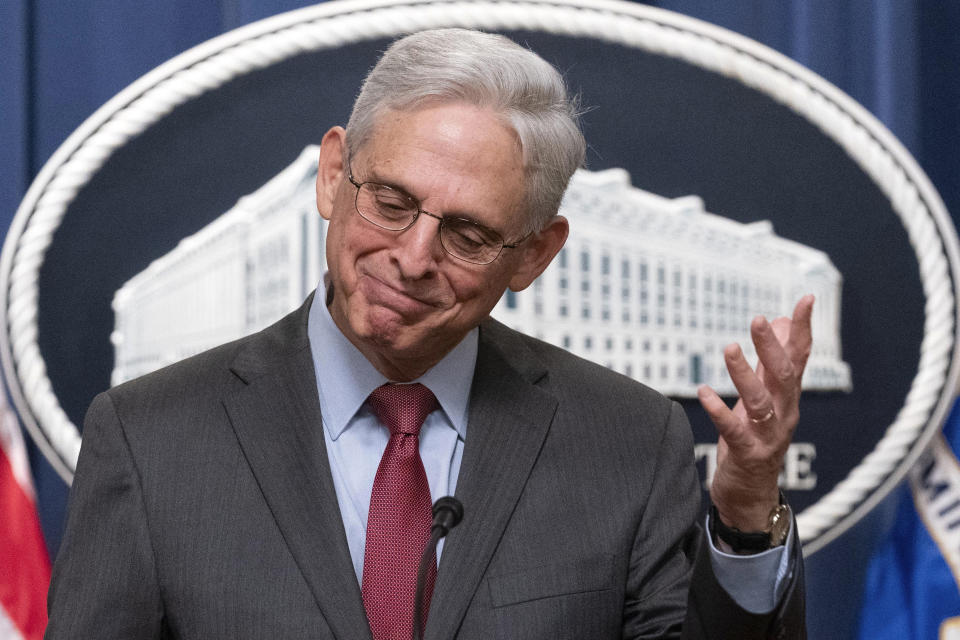 Attorney General Merrick Garland speaks during a news conference to announce an international ransomware enforcement action, at the Department of Justice in Washington, Thursday, Jan. 26, 2023. The FBI has seized the website of a prolific ransomware gang that has heavily targeted hospitals and other healthcare providers. (AP Photo/Jose Luis Magana)