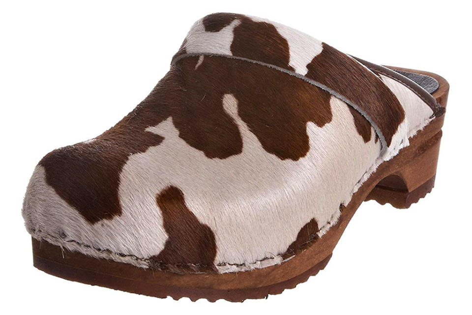 clogs, cow print, sanita