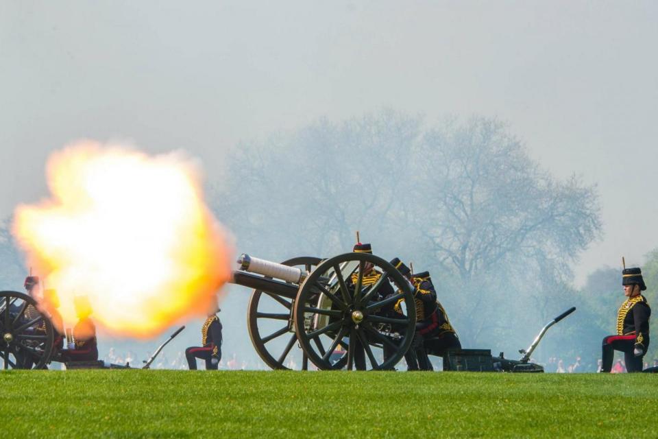 Members of the Kings Troop Royal Horse Artillery fire a 41-gun salute in Hyde Park (EPA)