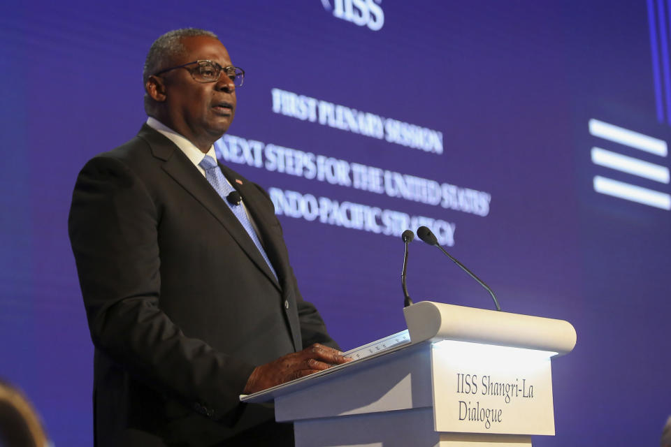 U.S. Defense Secretary Lloyd Austin speaks during a plenary session at the 19th International Institute for Strategic Studies (IISS) Shangri-la Dialogue, Asia's annual defense and security forum, in Singapore, Saturday, June 11, 2022. (AP Photo/Danial Hakim)