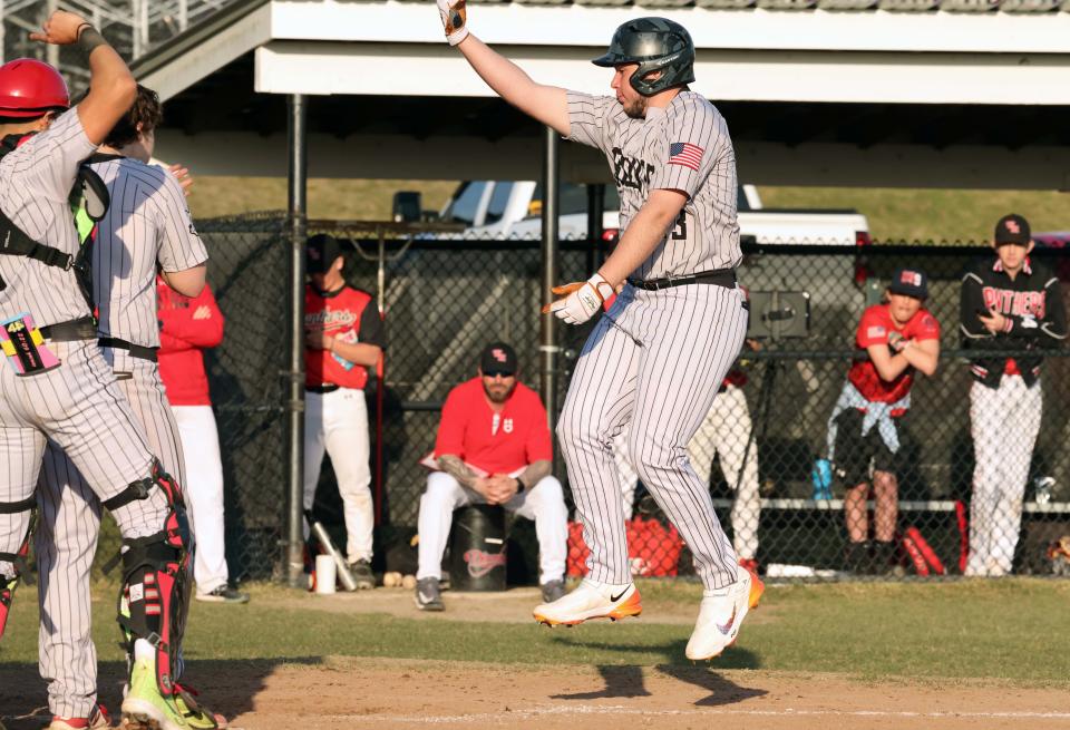 Brockton's Zeke Inchaustegui celebrates his three-run home run in the top of the sixth inning during a game versus Whitman-Hanson on Tuesday, April 4, 2023.