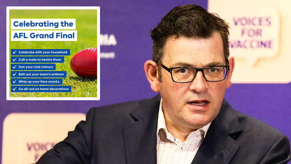 Seen here, Victorian Premier Daniel Andrew and the state's Covid-safe message for footy fans.