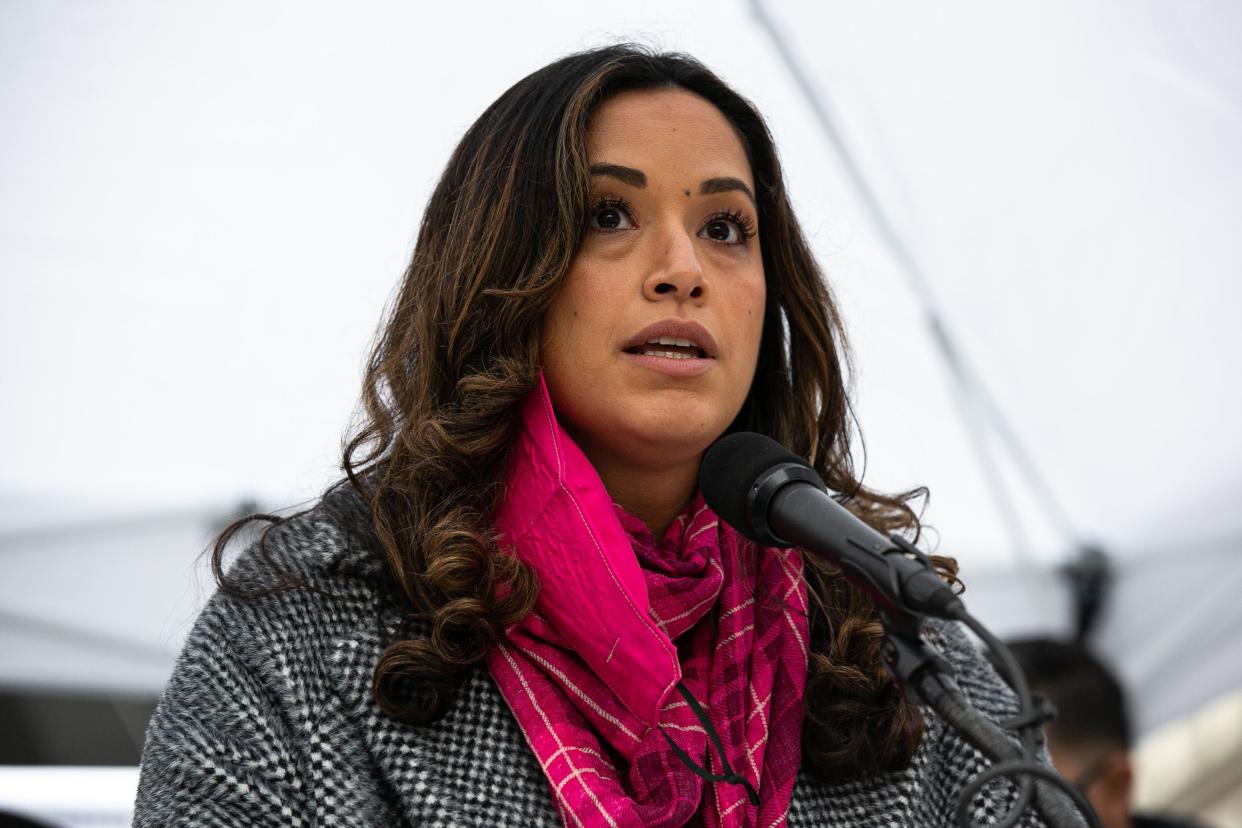 New York City Council Member Carlina Rivera (D-Manhattan) speaks at a rally in Foley Square, Manhattan,  New York on Feb. 27, 2021. 