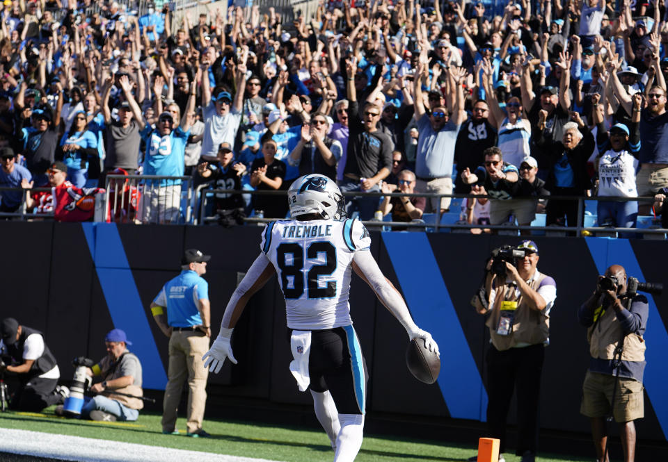 Carolina Panthers tight end Tommy Tremble (82) celebrates a touchdown during the second half of an NFL football game against the Tampa Bay Buccaneers Sunday, Oct. 23, 2022, in Charlotte, N.C. (AP Photo/Jacob Kupferman)