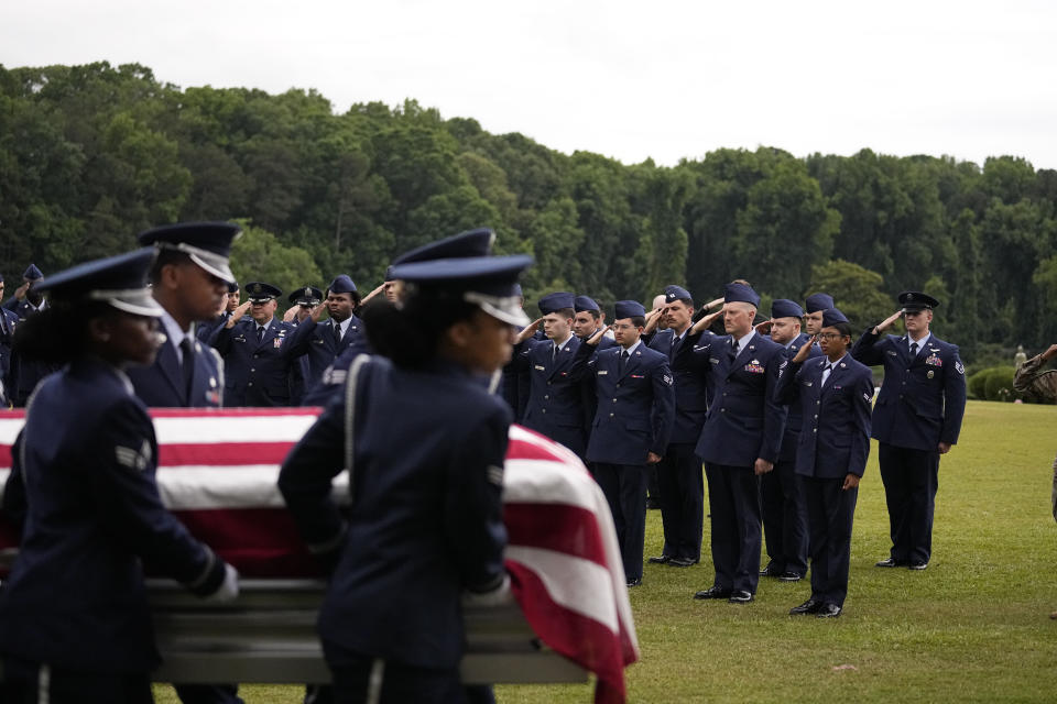 Airman Roger Fortson's casket is carried during the interment for Fortson at Lincoln Memorial Cemetery, Friday, May 17, 2024, in Atlanta. (AP Photo/Brynn Anderson)