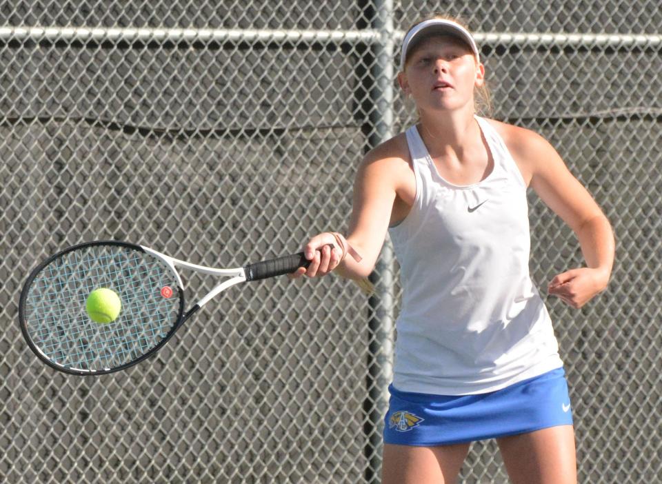 Aberdeen Central's Chloe Ladner strikes the ball during her fourth flight singles championship match in the Eastern South Dakota Conference girls tennis tournament on Tuesday, Oct. 1, 2024, at the Highland Park Courts in Watertown.