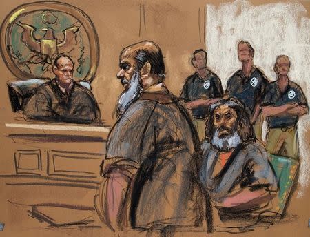 Terror suspects Khalid al-Fawwaz (2nd L) and Adel Abdul Bary (3rd L) are seen in this courtroom sketch during a court appearance in Manhattan Federal Court in New York October 6, 2012. REUTERS/Jane Rosenberg