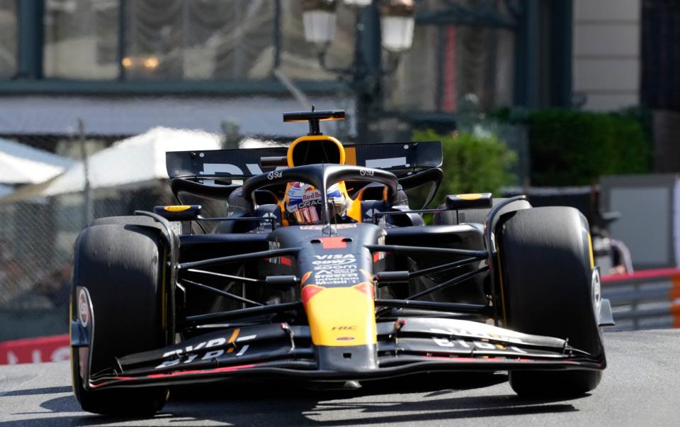 Max Verstappen steers his car during the Monaco GP