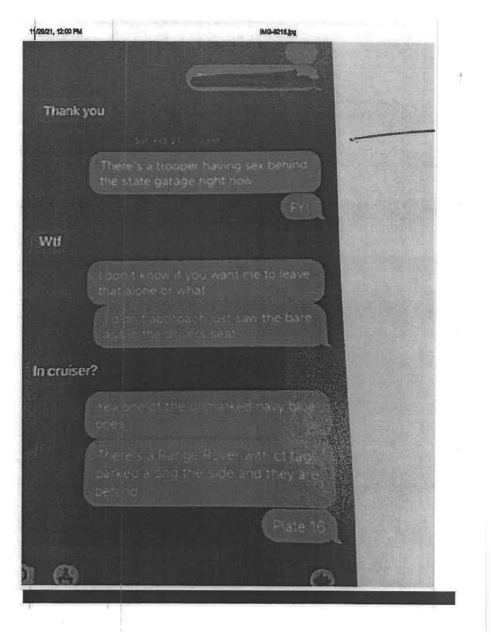 A series of texts after Charlestown police and sergeants discovered a state police officer having sex on a cruiser last February.