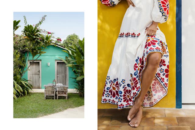 <p>Marta Tucci</p> From left: Now part of Uxua Casa, Zé e Zilda was formerly a private home; Trancoso native Franciele Jesus dos Santos poses against one of Uxua Casa's colorful bungalows.