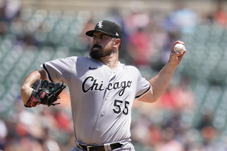Chicago White Sox starting pitcher Carlos Rodon throws during the first inning of a baseball game against the Detroit Tigers, Sunday, June 13, 2021, in Detroit. (AP Photo/Carlos Osorio)