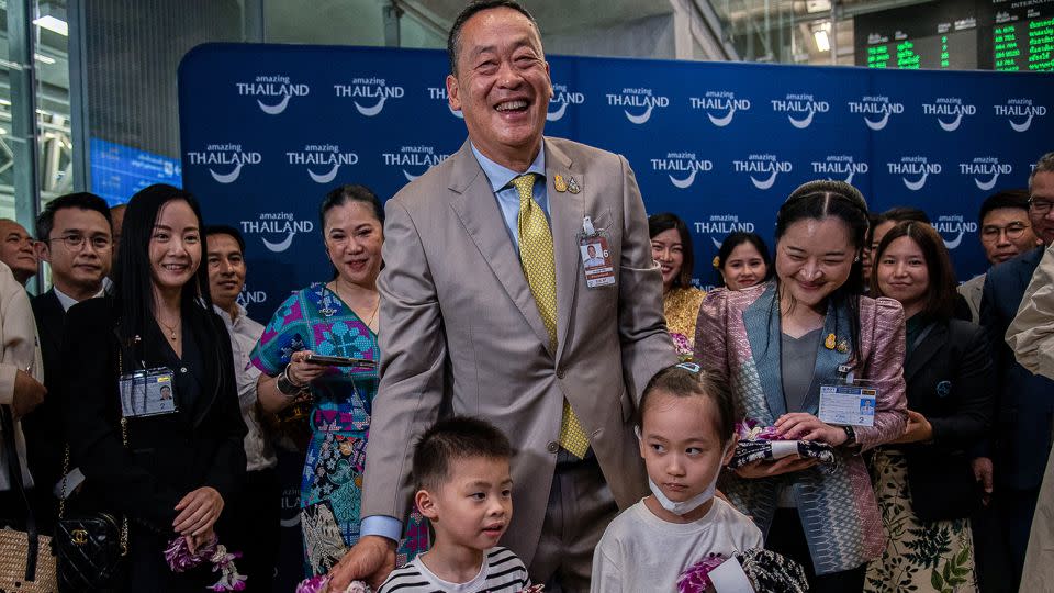 Thai Prime Minister Srettha Thavisin greeted travelers on the first day of the government's visa-free scheme for Chinese tourists. - Peerapon Boonyakiat/SOPA Images/LightRocket/Getty Images