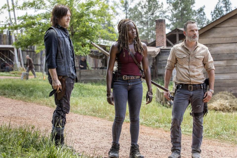 Rick Michonne and Daryl stand together in The Walking Dead Season 9 picture