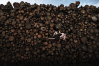 In this image released by World Press Photo, Thursday April 15, 2021, by Adam Pretty, Getty Images, titled Log Pile Bouldering, which won first prize in the Sports Singles category, shows Georg climbs a log pile while training for bouldering, in Kochel am See, Bavaria, Germany, on Sept. 15, 2020. (Adam Pretty, Getty Images, World Press Photo via AP)