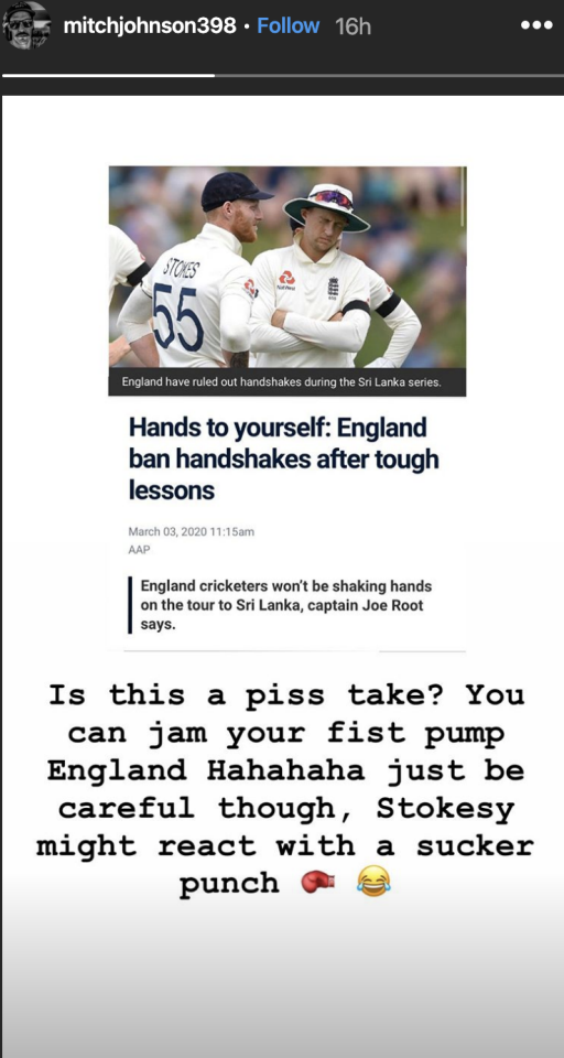 Mitchell Johnson's criticism of England, pictured here on Instagram.