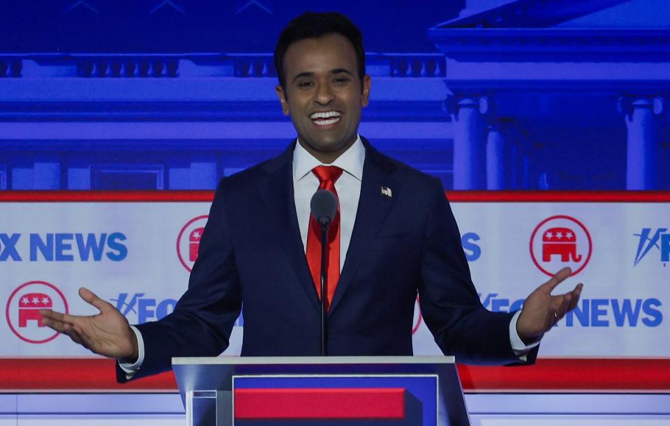 Republican presidential candidate and former biotech executive Vivek Ramaswamy speaks at the first Republican candidates' debate (REUTERS)