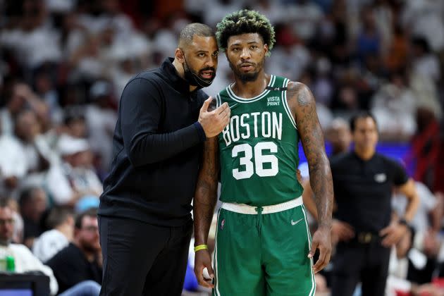 Boston Celtics head coach Ime Udoka, pictured talking with Marcus Smart, led the team to the NBA Finals in his first season at the helm. (Photo: Andy Lyons via Getty Images)