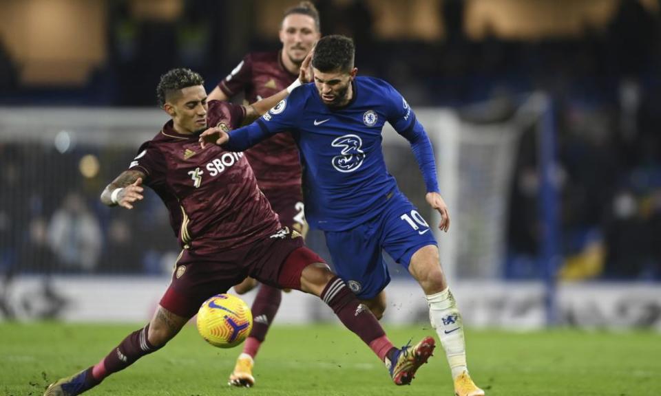 Christian Pulisic fights for the ball during Chelsea’s victory at Stamford Bridge.