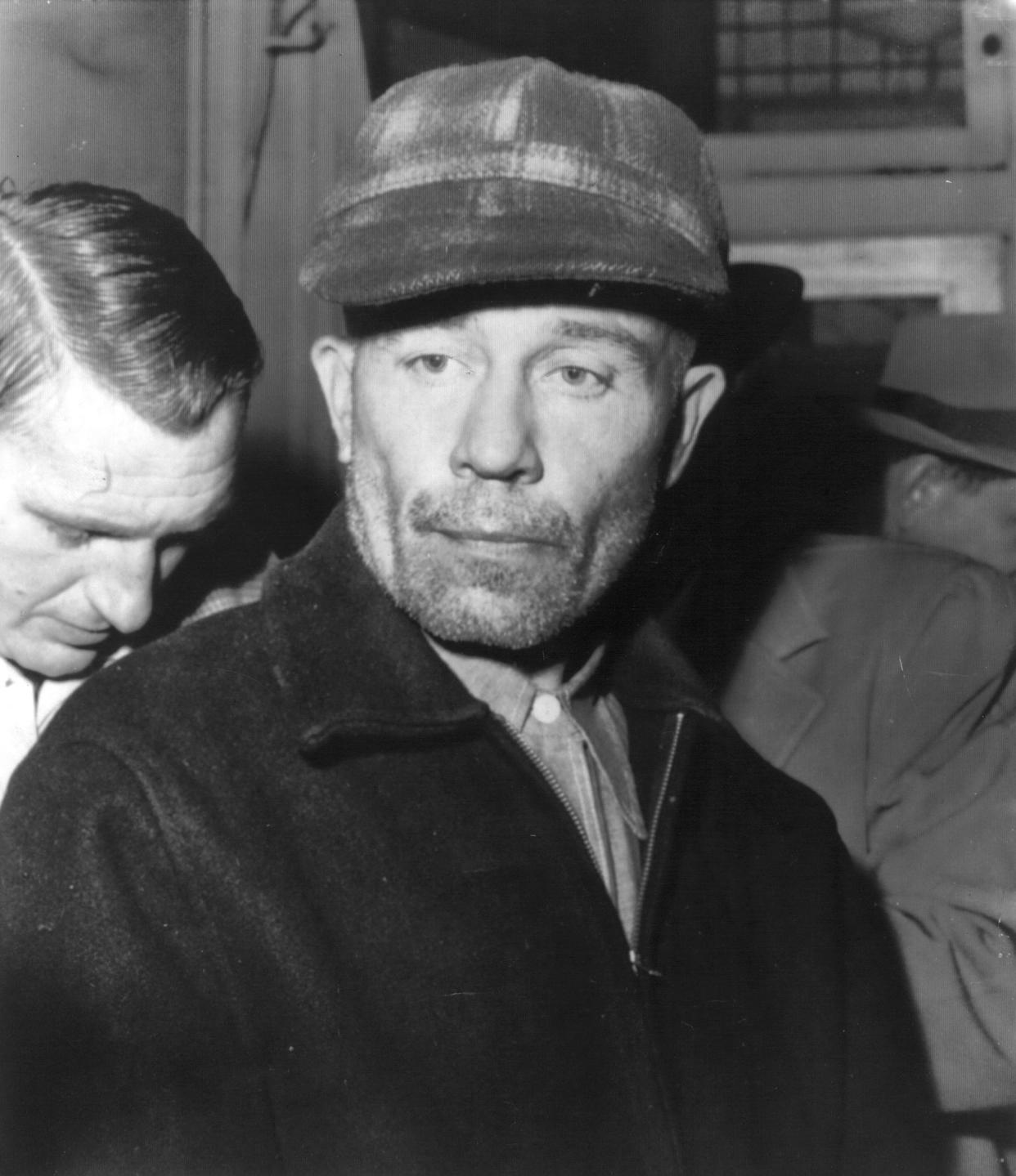 A photo dated November 19, 1957 shows Ed Gein, 51, as he arrived at the state crime laboratory in Madison for a lie detector test.