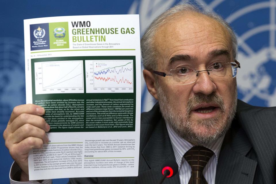 French Michel Jarraud, Secretary-General of World Meteorological Organization, WMO, informs the media about greenhouse gases in the atmosphere, during a press conference at the European headquarters of the United Nations in Geneva, Switzerland, Tuesday, Nov. 20, 2012. (AP Photo/Keystone/Salvatore Di Nolfi)