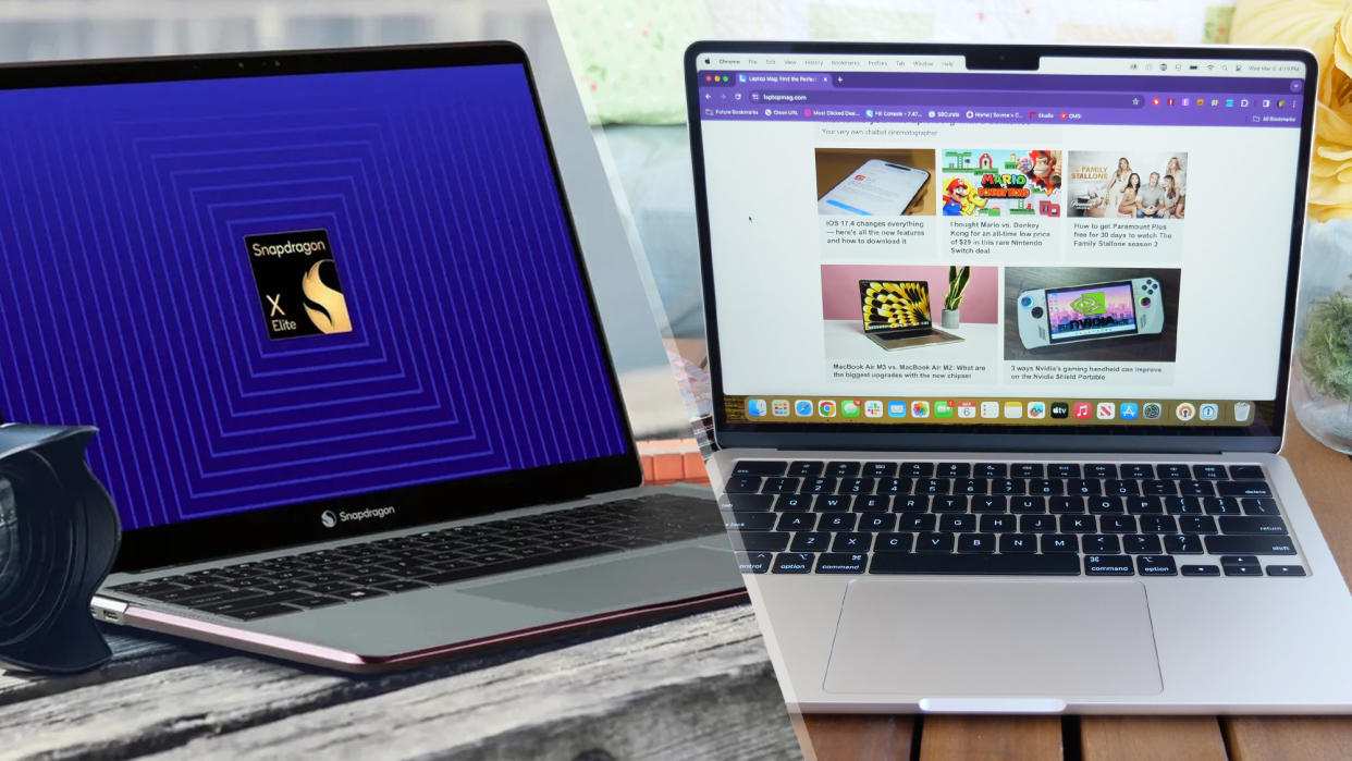  Qualcomm Snapdragon X Elite laptop on a bench in a split screen with a MacBook Air 13 M3 on a side table. 