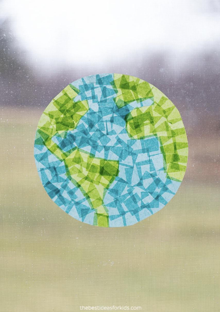 crafts for kids, earth shaped suncatcher made of blue and green tissue paper