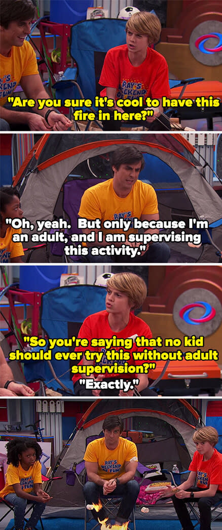 Henry asks if it's OK that they have a fire indoors and Henry says yes but only because he's an adult and he's there, and Henry clarifies that no kid should do this without adult supervision, then they all look at the camera