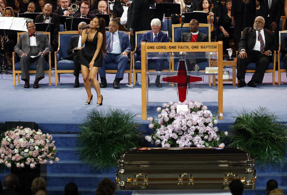Ariana Grande performs during the funeral service for Aretha Franklin at Greater Grace Temple, Friday, Aug. 31, 2018, in Detroit. Franklin died Aug. 16, 2018 of pancreatic cancer at the age of 76. (AP Photo/Paul Sancya)