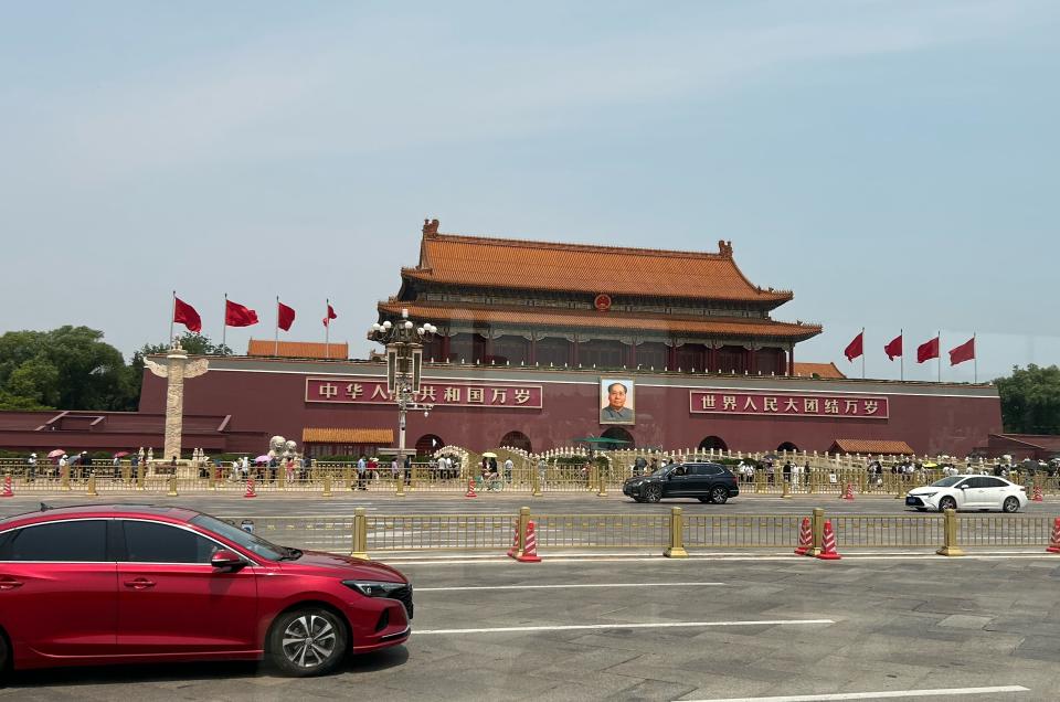 04 June 2024, China, Peking: A car drives along Chang'an Avenue (Avenue of Eternal Peace) at Tian'anmen (Gate of Heavenly Peace) in front of Tian'anmen Square (Tiananmen Square). Hundreds of people died around Tian'anmen Square 35 years ago during the bloody suppression of protests for more democracy. Photo: Johannes Neudecker/dpa (Photo by Johannes Neudecker/picture alliance via Getty Images)