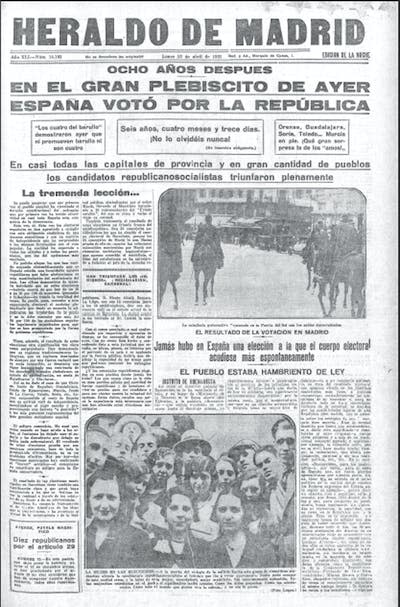 Front page of the <em>Heraldo de Madrid</em>, 13 April 1931. <a href="https://es.wikipedia.org/wiki/Archivo:13_d%27abril_portada.jpg" rel="nofollow noopener" target="_blank" data-ylk="slk:Wikimedia;elm:context_link;itc:0;sec:content-canvas" class="link ">Wikimedia</a>