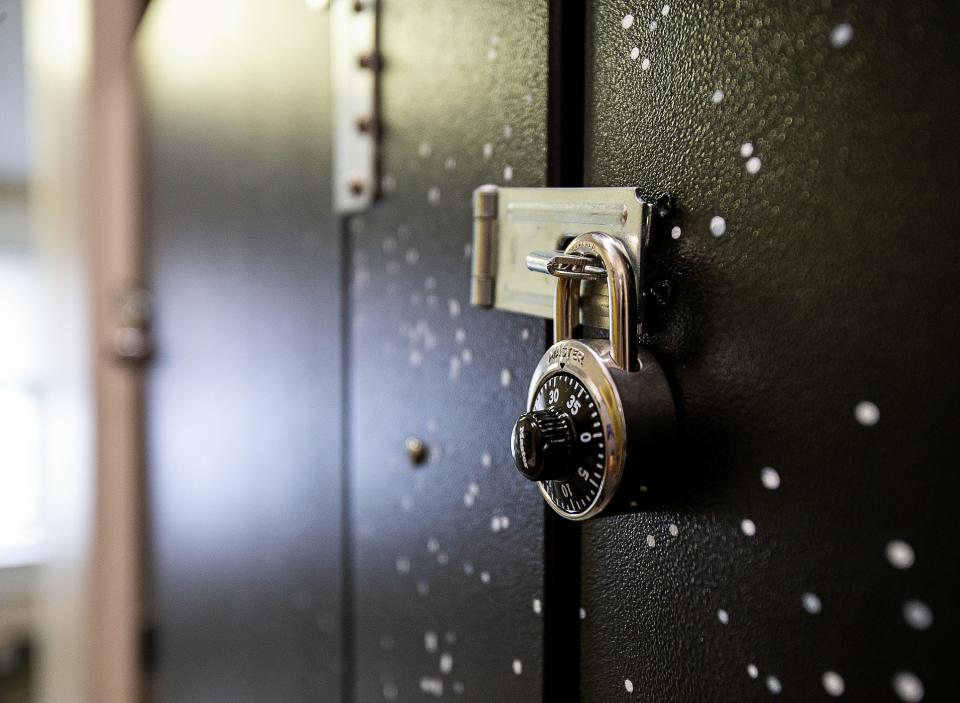 Due to plumbing problems and frequent overflowing, padlocks prevent access to two, 2nd-floor bathroom stalls at the Ozanam Inn Men's Shelter. June 23, 2023