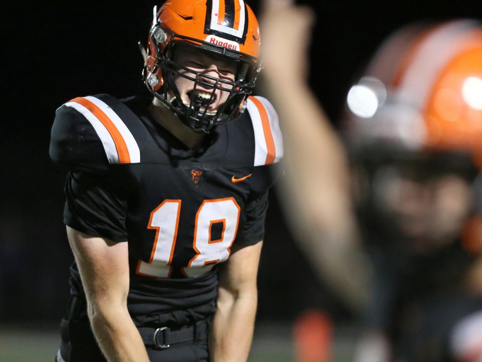 Mike Shimek of Hoover celebrates after forcing Brenden Craig, 20, of Jackson to fumble during their game at Hoover on Friday, Oct. 22, 2021. Shimek also recovered the ball on the play.