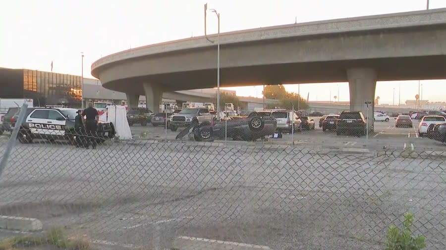 Two people were killed and another seriously hurt after two vehicles flew off an exit ramp and into a Los Angeles International Airport parking lot on Saturday, June 22, 2024. (KTLA)