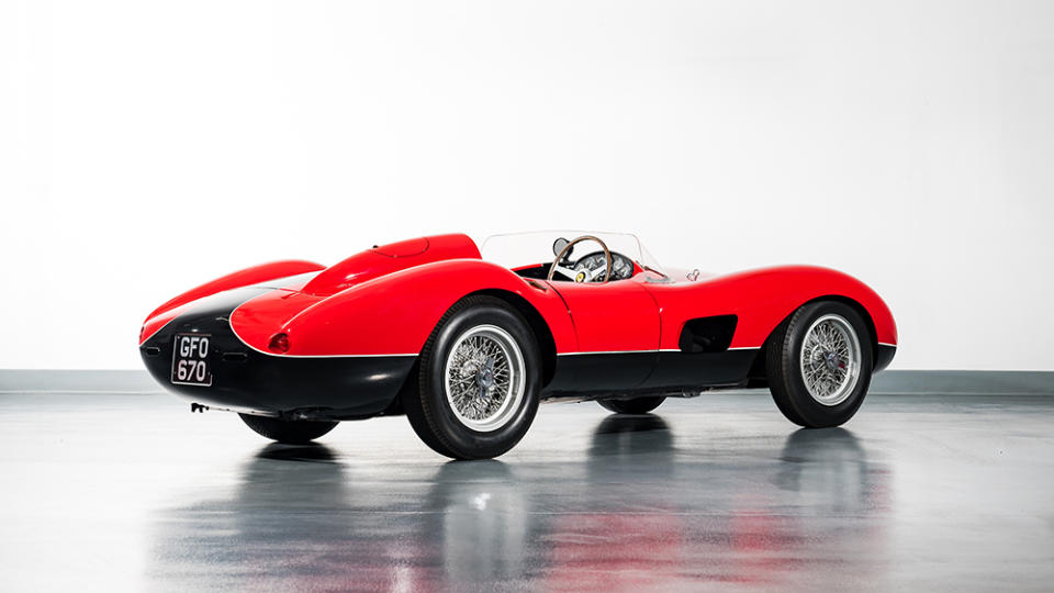 A rear 3/4 view of the 1957 Ferrari 500 TRC Spider by Scaglietti