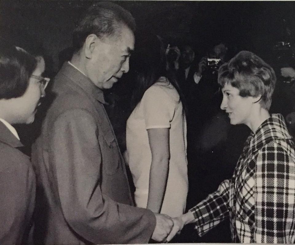 U.S. table tennis player Connie Sweeris shakes hands with China's Premier Zhou Enlai in Beijing in 1971.