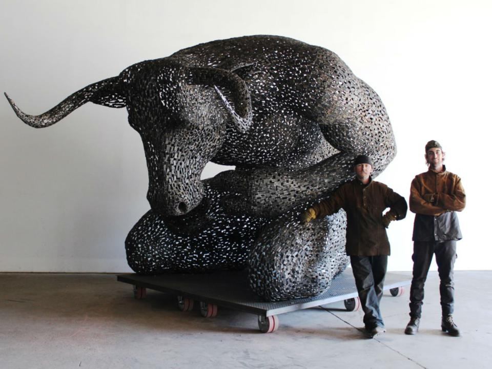 Artist Andy Scott with his assistant Rob and Minotaur: Andy Scott