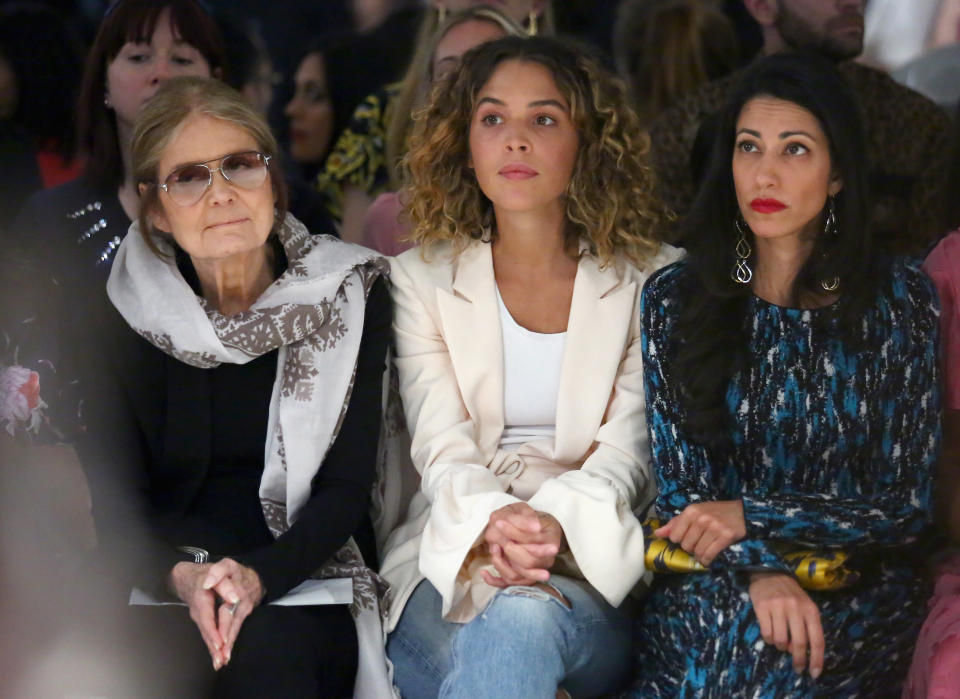 From left, Gloria Steinem, Cleo Wade, and Huma Abedin sit front row at the Prabal Gurung fashion show during New York Fashion Week, Sept. 10, 2017, in New York. (Photo: Getty Images)