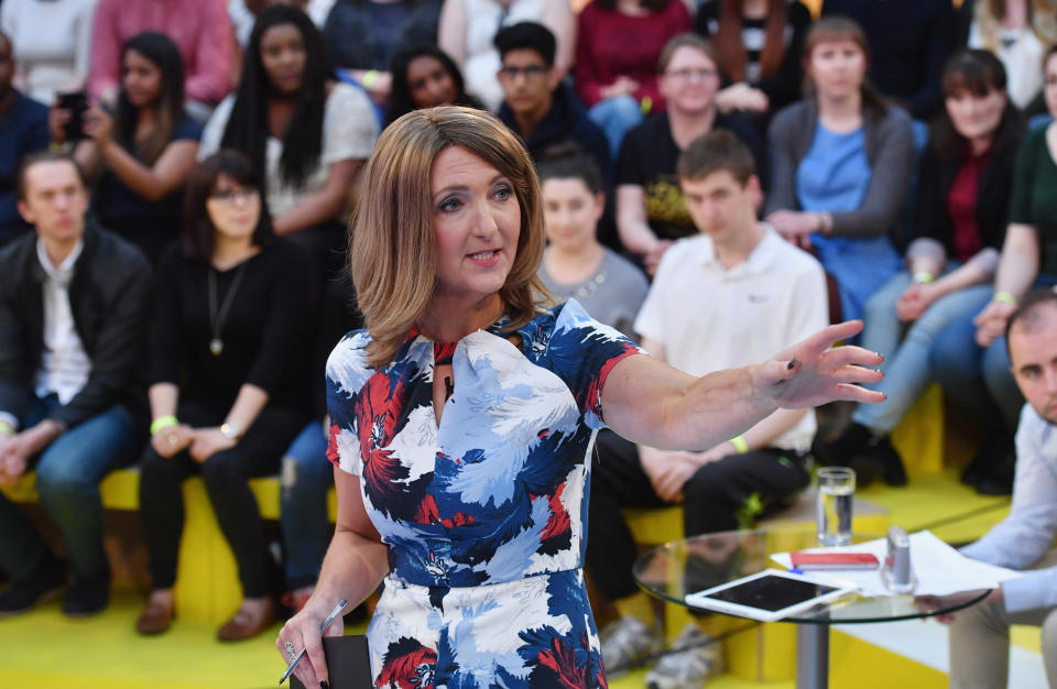 GLASGOW, SCOTLAND - MAY 26:  Presenter Victoria Derbyshire hosts "How Should I Vote? - The EU Debate" at The Briggait on May 26, 2016 in Glasgow. The BBC's first televised EU referendum debate was held in Glasgow in front of an audience of eighteen to twenty nine year olds and a panel of SNP's Alex Salmond and Labour's Alan Johnson backing staying in the EU while UKIP MEP Diane James and Conservative Liam Fox arguing to leave.  (Photo by Jeff J Mitchell/Getty Images)