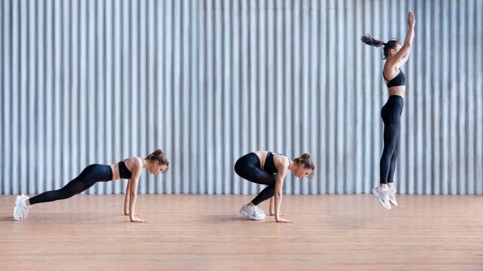 A woman demonstrating how to perform a burpee