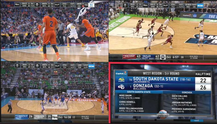 Dish multi-view with basketball games on screen.