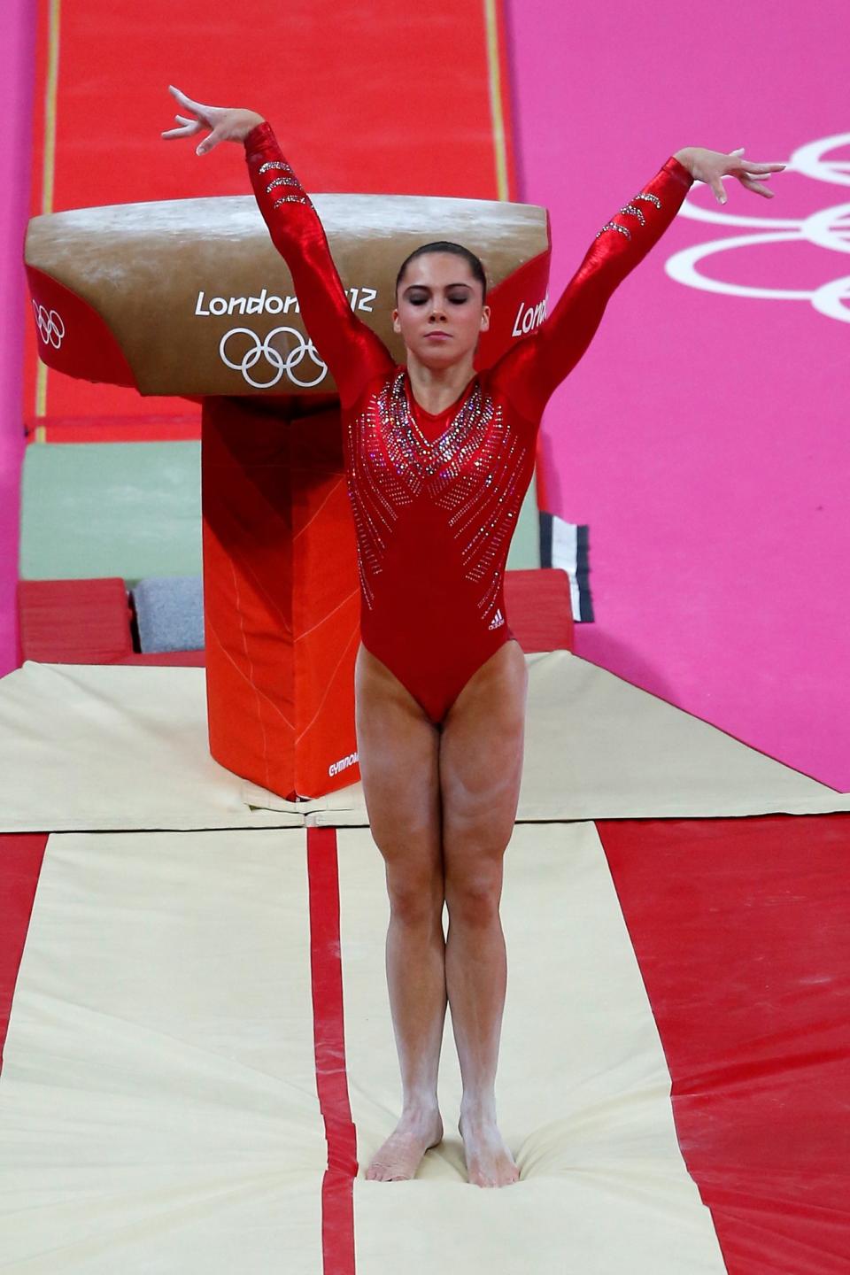 <p>McKayla Maroney Maroney of the United States of America celebrates her performance on the vault in the Artistic Gymnastics Women’s Team final on Day 4 of the London 2012 Olympic Games at North Greenwich Arena on July 31, 2012 in London, England. (Photo by Jamie Squire/Getty Images) </p>
