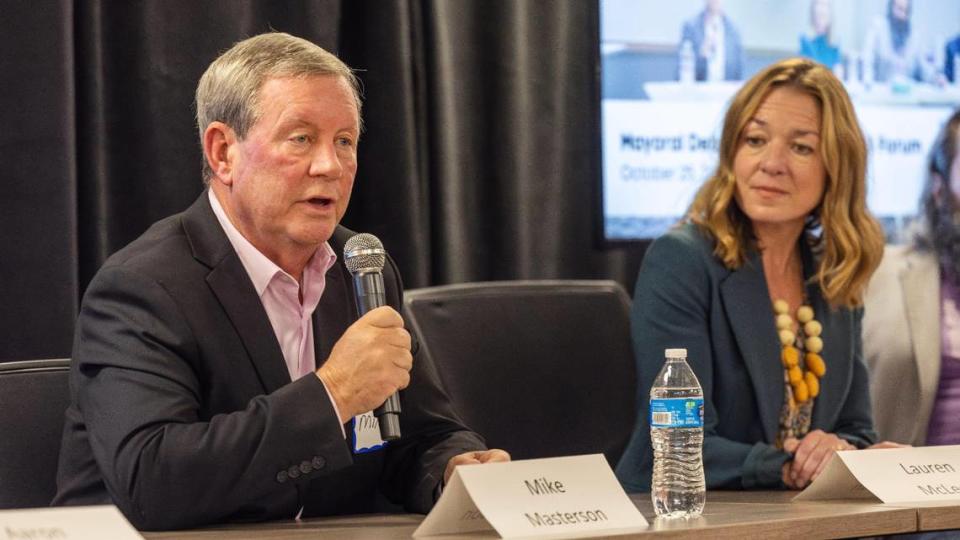 Boise mayoral candidate Mike Masterson speaks Wednesday during a debate hosted by Boise Young Professionals at Trailhead in downtown Boise.