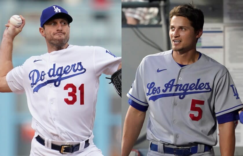 Dodgers pitcher Max Scherzer and shortstop Corey Seager.