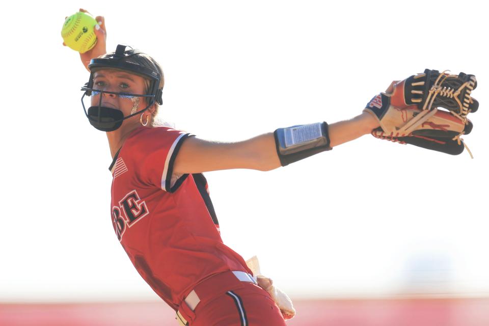 Baldwin's Shaylen Byrd (1) pitches during the first inning of the FHSAA District 4-3A high school softball championship against Episcopal.