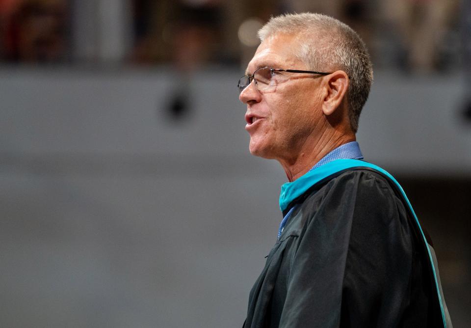 Bartram Trail High School principal Chris Phelps talks to the class of 2022 during their commencement ceremony, held on the University of North Florida campus in Jacksonville on Tuesday, May 31, 2022.